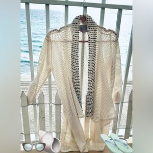 KNIT PIECES Cream Open-Front Crochet Cardigan with Striped Trim